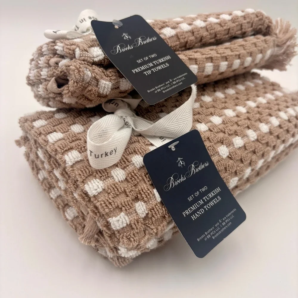 Brooks Brothers 4pc‎ Premium Turkish Towel Set 2 Hand 2 Tip Towels Tan White NEW